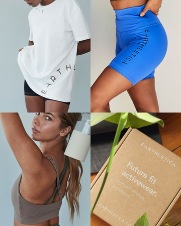 A cropped image of an Earthletica model taken from behind. She wears the foundation activewear set in black.