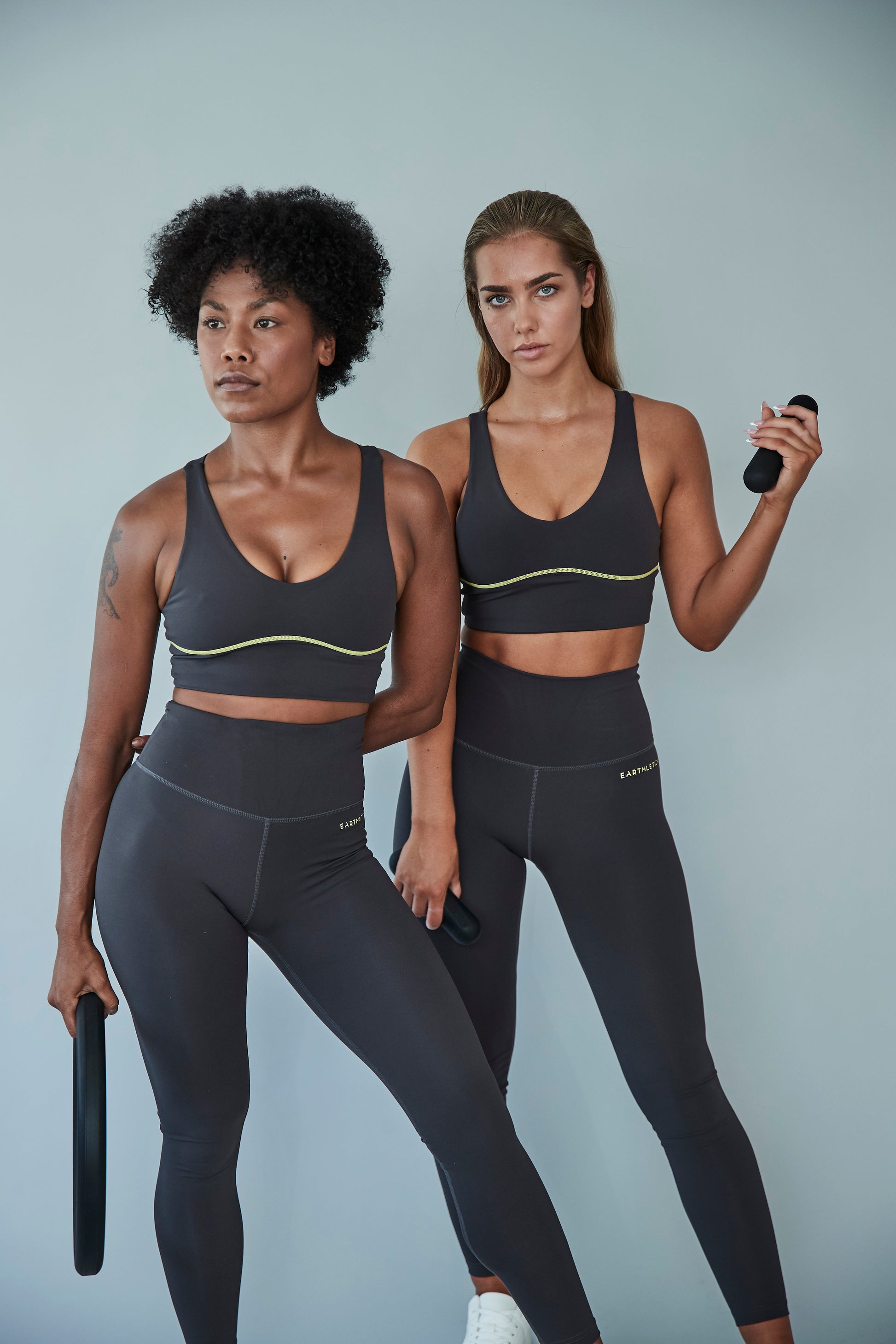 Earthletica models wearing the Graphite Ankle Grazer Legging + Solar Powered Femme Crop