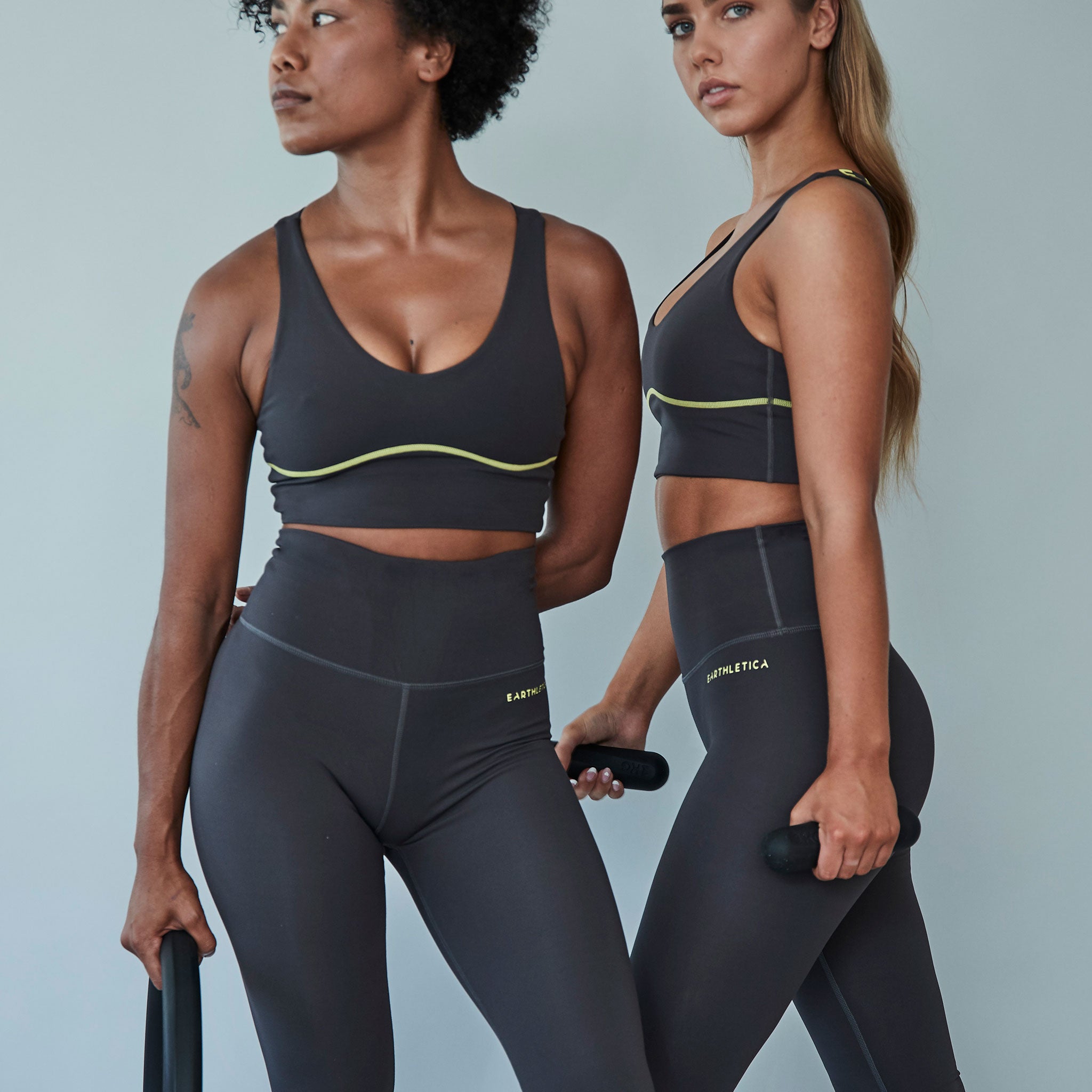 Earthletica models wearing the Graphite Ankle Grazer Legging + Solar Powered Femme Crop