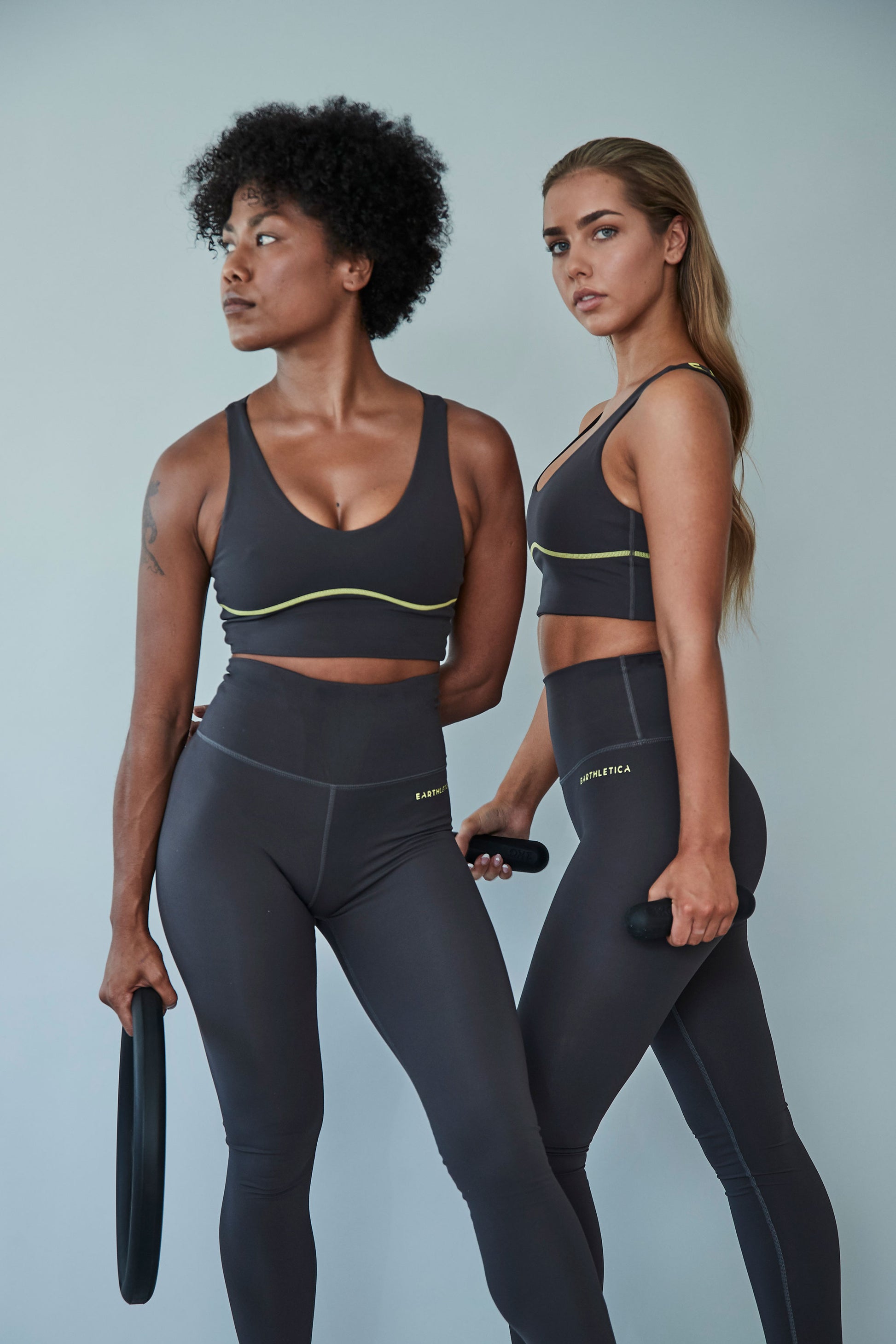 Earthletica models wearing the Graphite Ankle Grazer Legging + Solar Powered Femme Crop