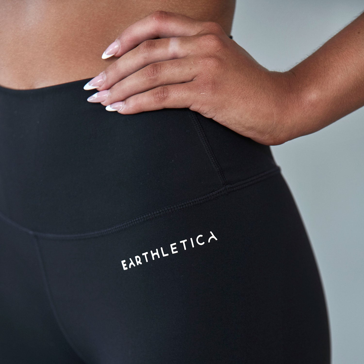 A close up image of stitching and finishings on a pair of Earthletica activewear shorts