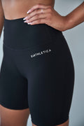 A close up shot of the Earthletica Midnight Bike Shorts.